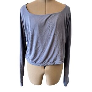 Blogilates Women's 1X Blue Love Story Long Sleeve Tie Bow Back Top